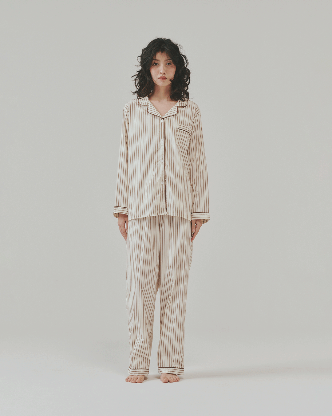 MUSINSA OGGITT w Standard Bean Striped Pajamas Long Sleeve Set Brown musinsa-oggitt-w-standard-bean-striped-pajamas-long-sleeve-set-brown